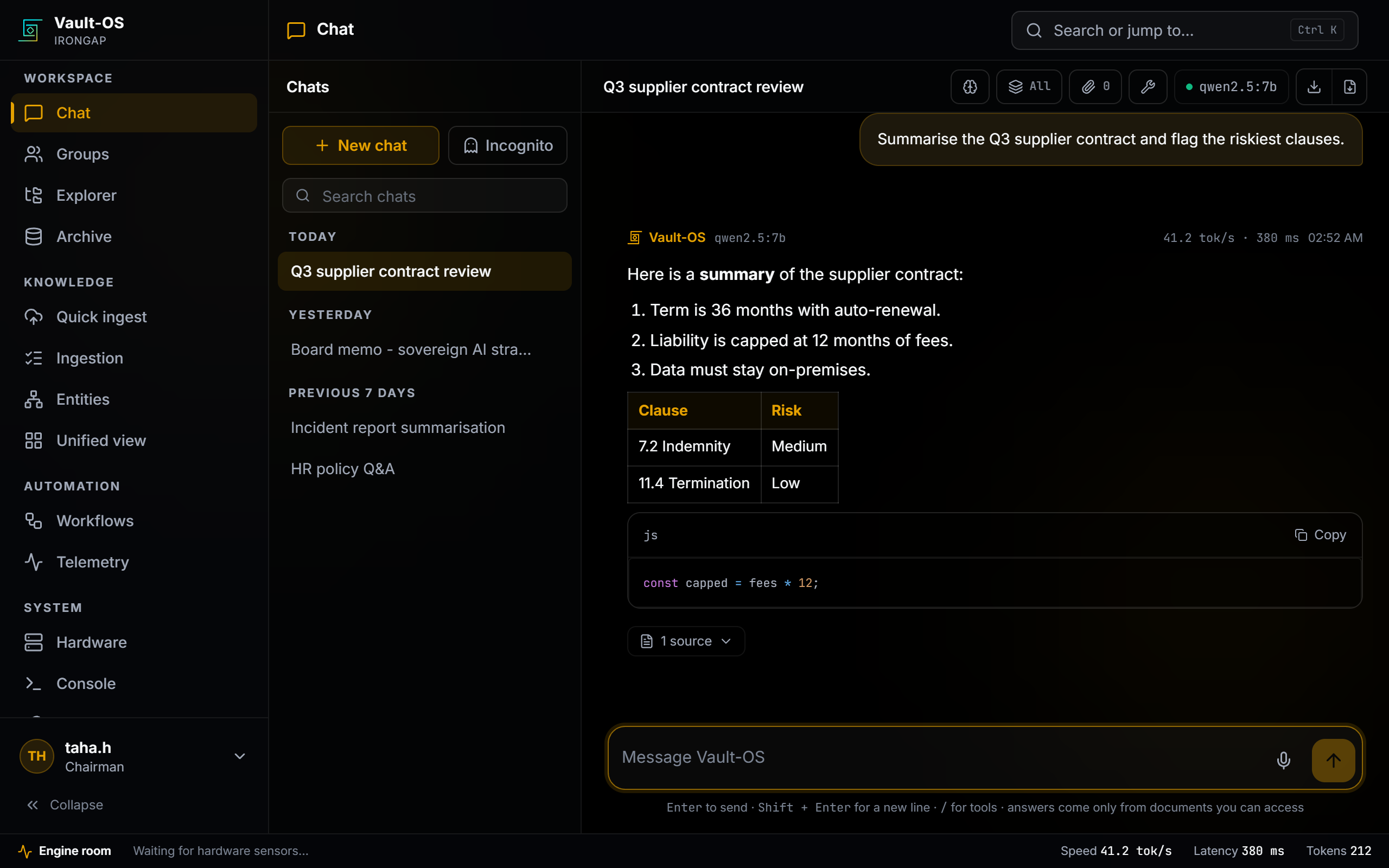 Vault-OS answering a question about a supplier contract, with the clauses it found and their risk